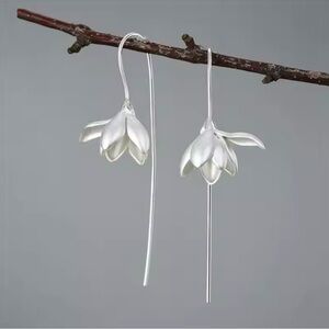 Magnolia Flower Long Earrings Silver